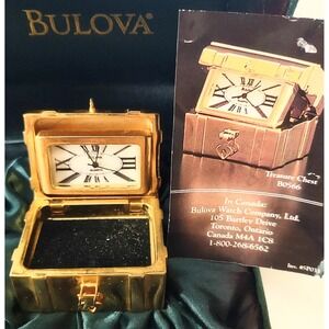 Bulova Miniature Clock Treasure Chest Brass‎ Model B0566 Collectible Quartz